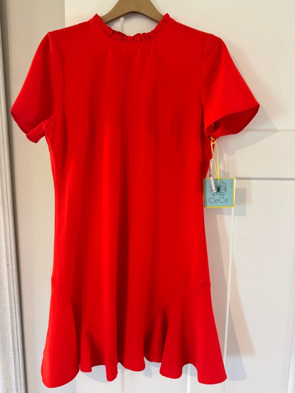 CeCe Red Orange Cherry pop color Ruffle-Neck Short-Sleeve Flounce Dress